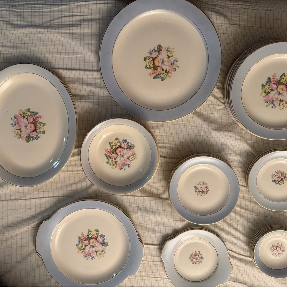 Elegant Floral Cream and Blue Dinnerware Set